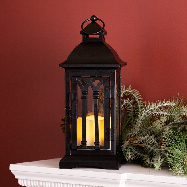 Lantern w/3 inchesx3 inches LED Candle (Set of 2) 12.25 inchesH Iron/Glass/Plastic - 2 AA Batteries Not Incld., BLACK, alternate image number null