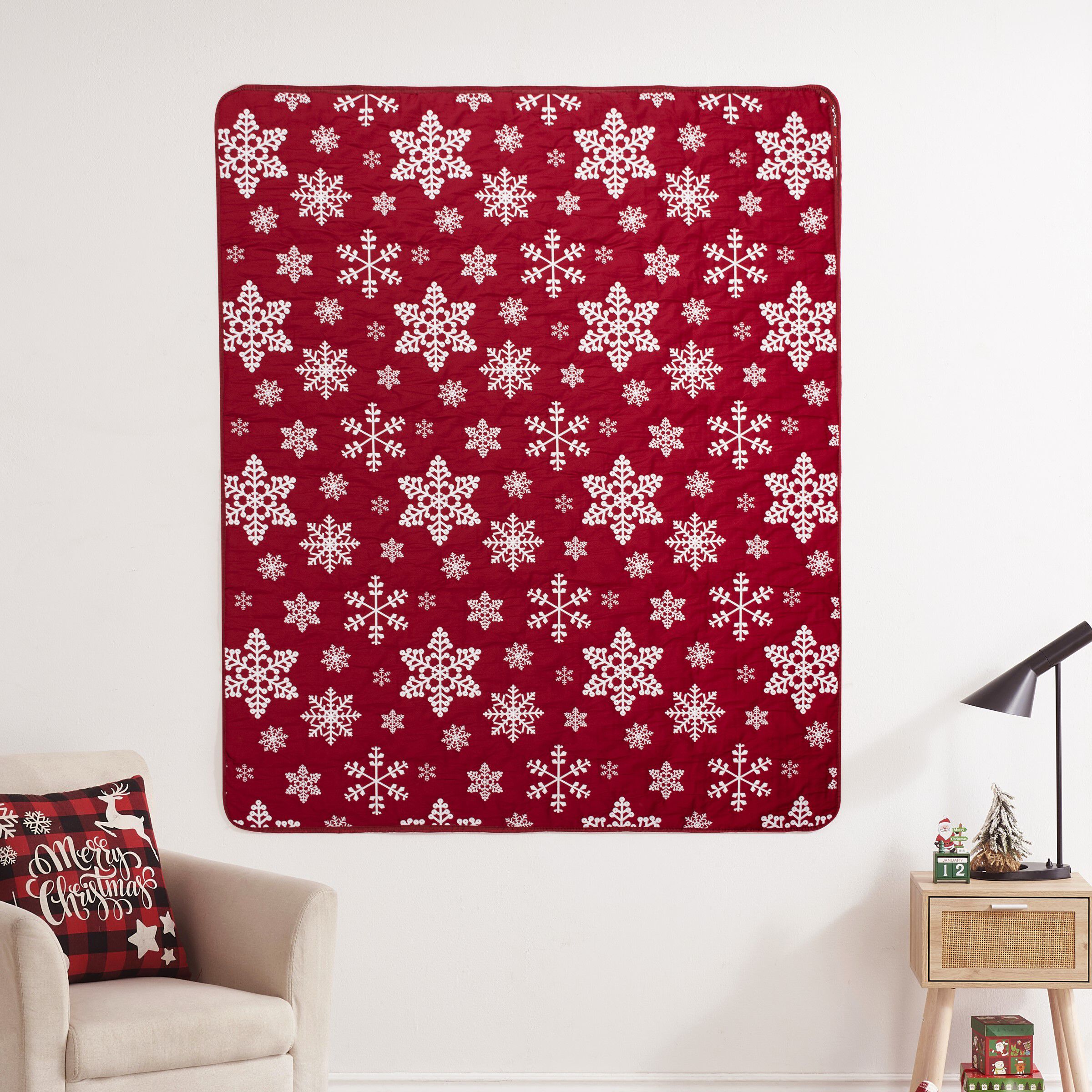 Snowflakes Novelty Holiday Quilted Throw Blanket, RED, alternate image number 3