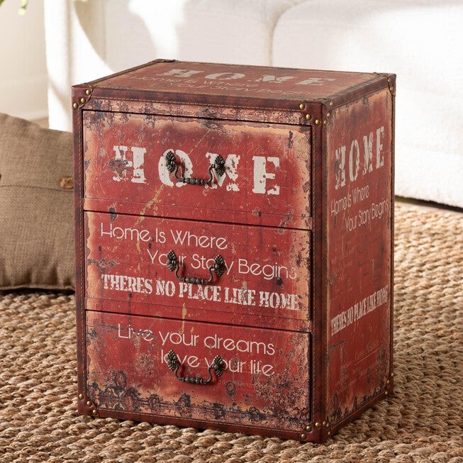 Lorand Vintage Faux Leather and Wood 3-Drawer Storage Trunk, RED, hi-res image number null