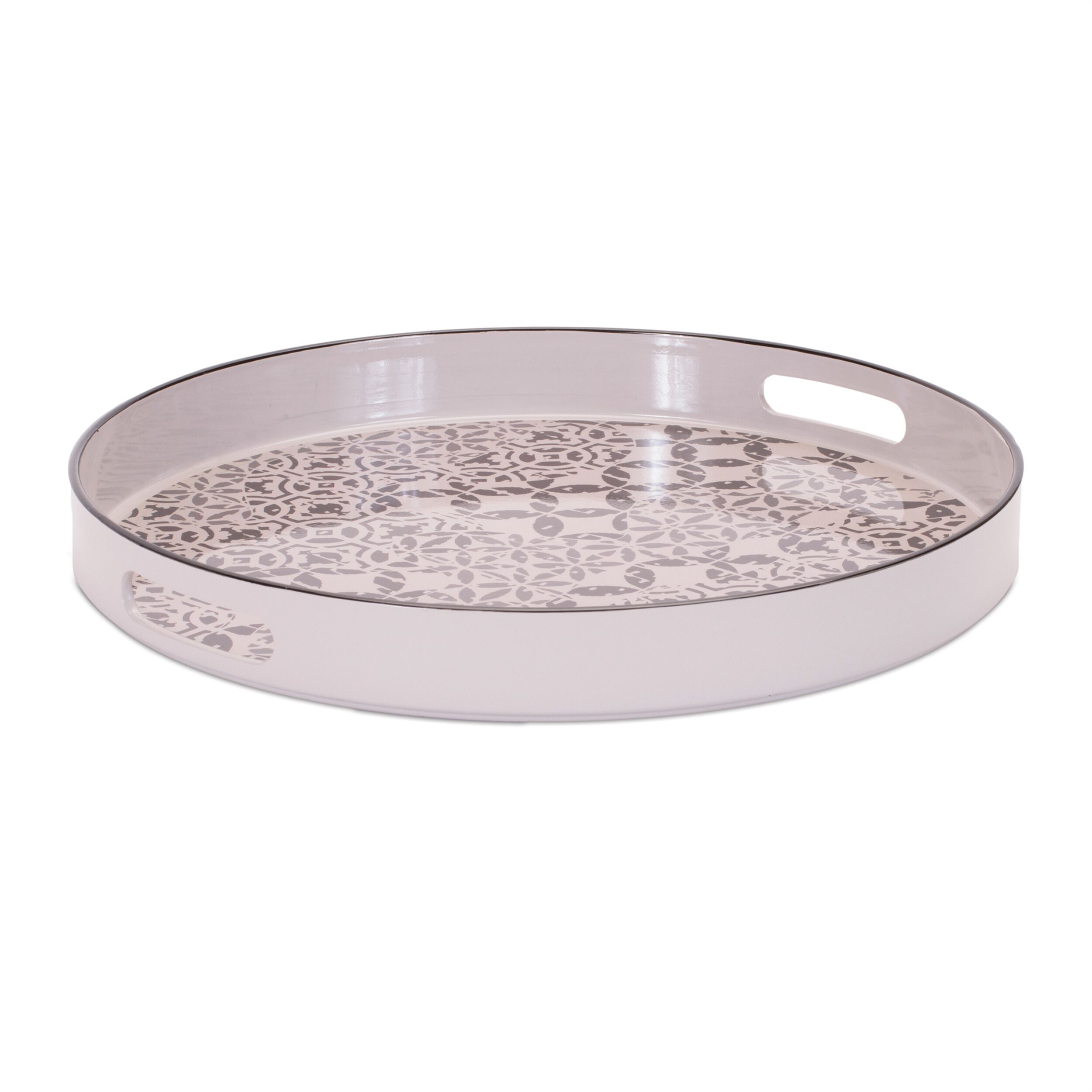 Round Ornate Geometric Print Tray 17.5IND, WHITE BEIGE, hi-res image number 0