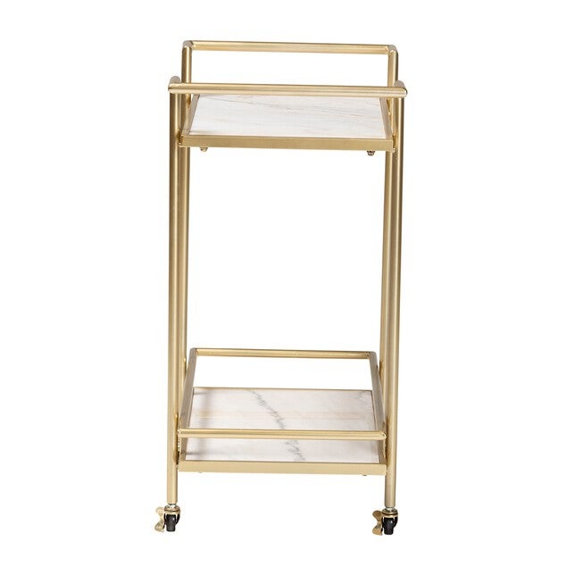 Louise Contemporary Glam And Luxe Gold Metal And White Marble 2-Tier Wine Cart, , alternate image number null