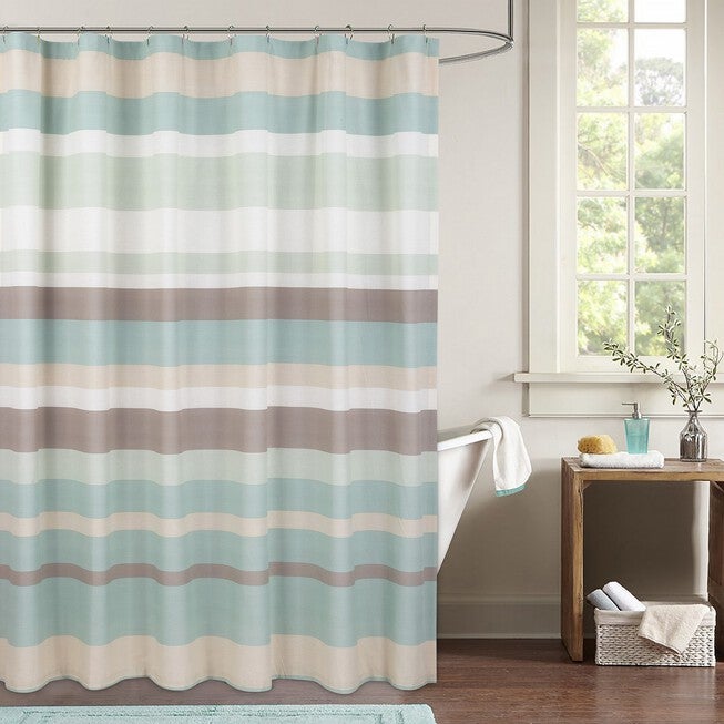 Coastal Stripe Shower Curtain, BLUE GREEN BROWN, hi-res image number 0