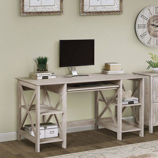 Honduras Washed Gray 58-Inch Writing Desk With 1 Laptop Credenza And 2 Open Shelf Writing Desk, , on-hover image number null