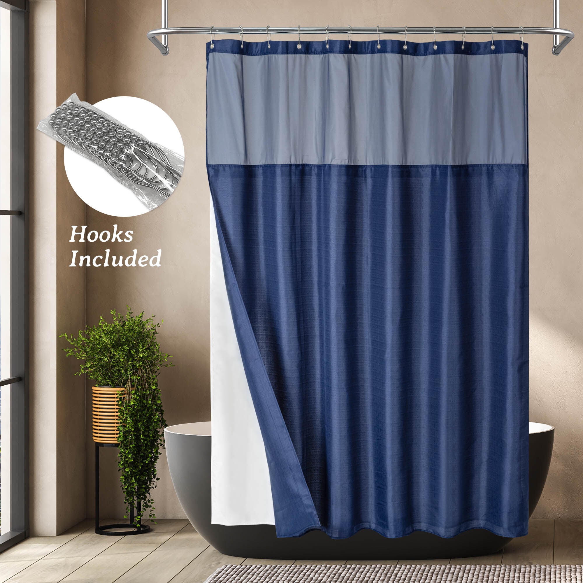 Slub Linen Texture Shower Curtain with Snap-in Liner, Hooks Included