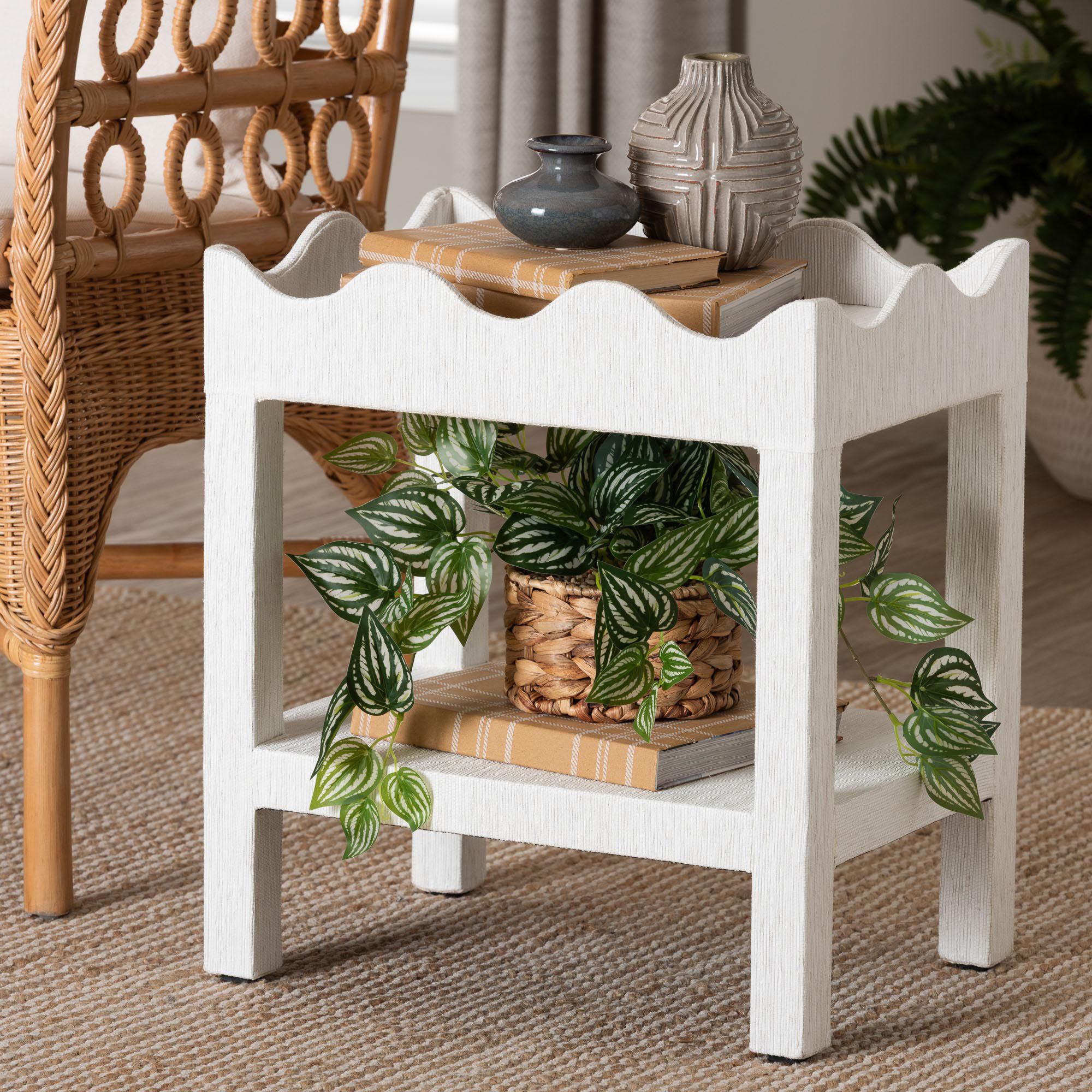 Sebastian Grasscloth Scalloped End Table, WHITE, hi-res image number 0