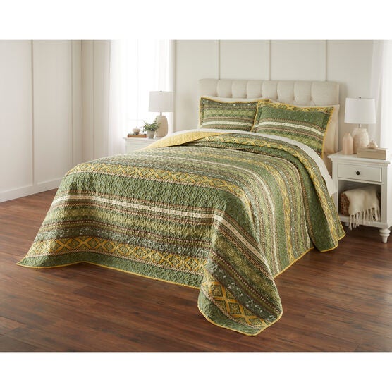 3-PC.Global Stripe Printed Bedspread, GREEN MULTI, hi-res image number null
