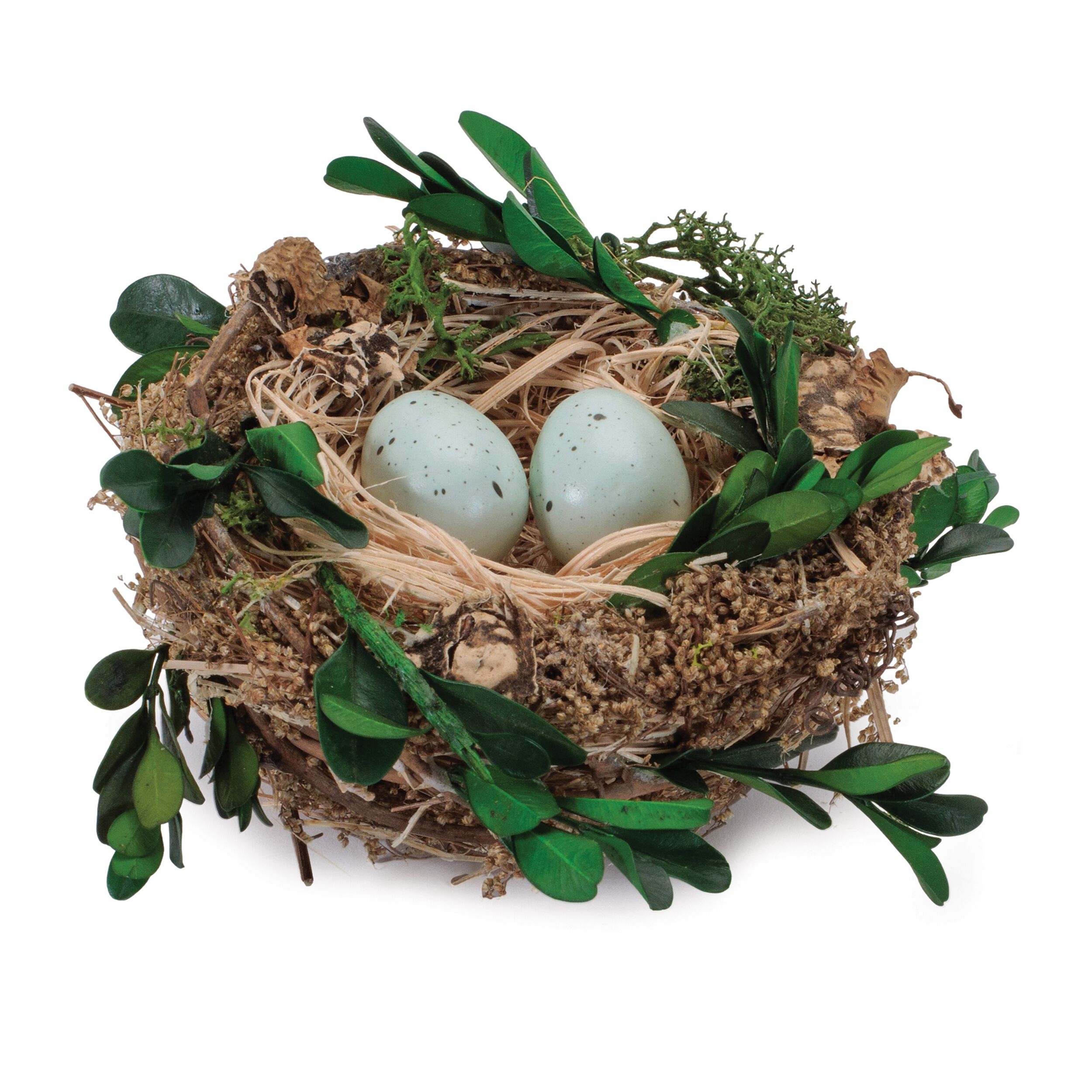 Twig Bird Nest with Eggs and Boxwood Foliage Set of 12, BROWN GREEN, hi-res image number 0