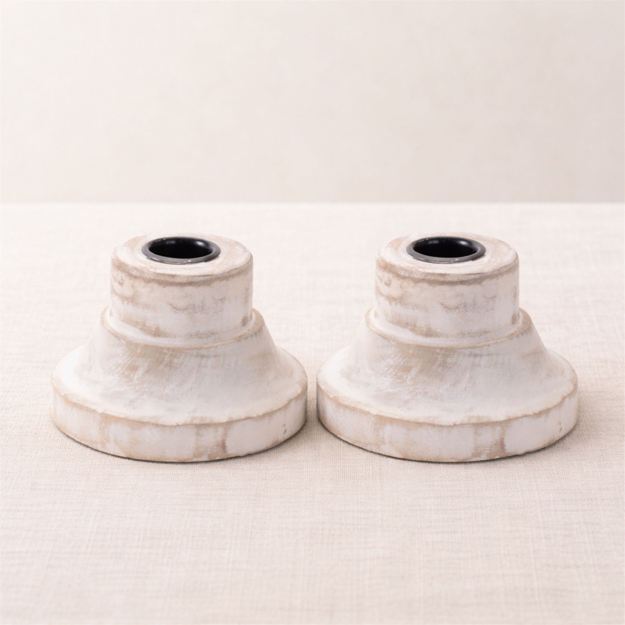 White Washed Wood Taper Candle Holder (Set of 2), WHITE BROWN, alternate image number 1