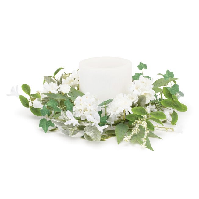 Mixed Floral and Foliage Candle Ring 17.5 inchesD, GREEN/WHITE, hi-res image number 0