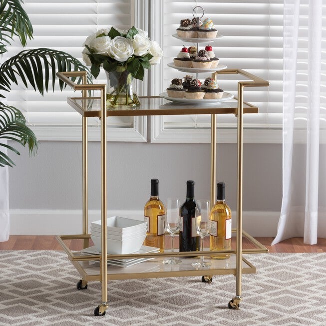 Louise Contemporary Glam And Luxe Gold Metal And White Marble 2-Tier Wine Cart, , alternate image number null