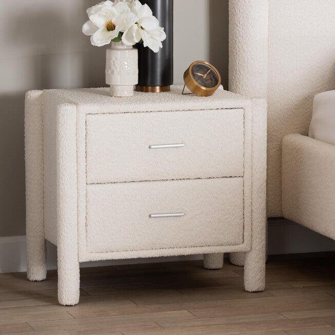 Laria Modern White Teddy-Bear Fabric 2-Drawer Nightstand, WHITE, hi-res image number null