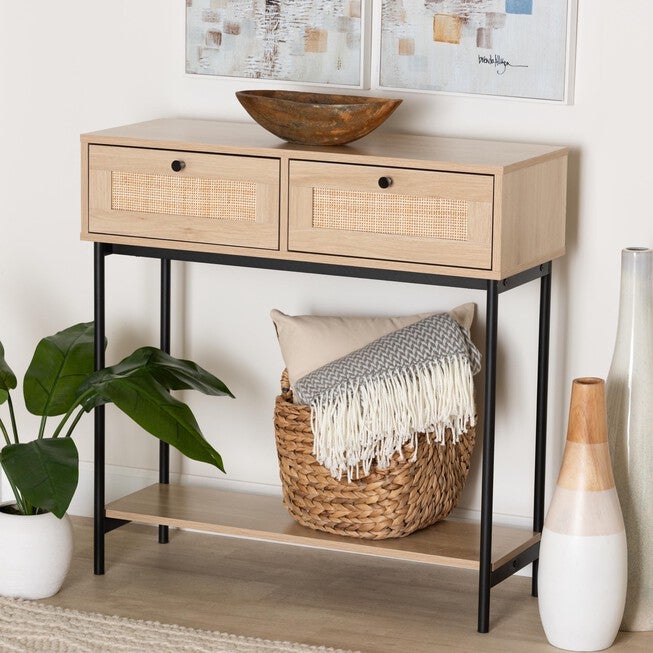 Sherwin Mid-Century Modern Light Brown And Black 2-Drawer Console Table With Woven Rattan Accent, , alternate image number null
