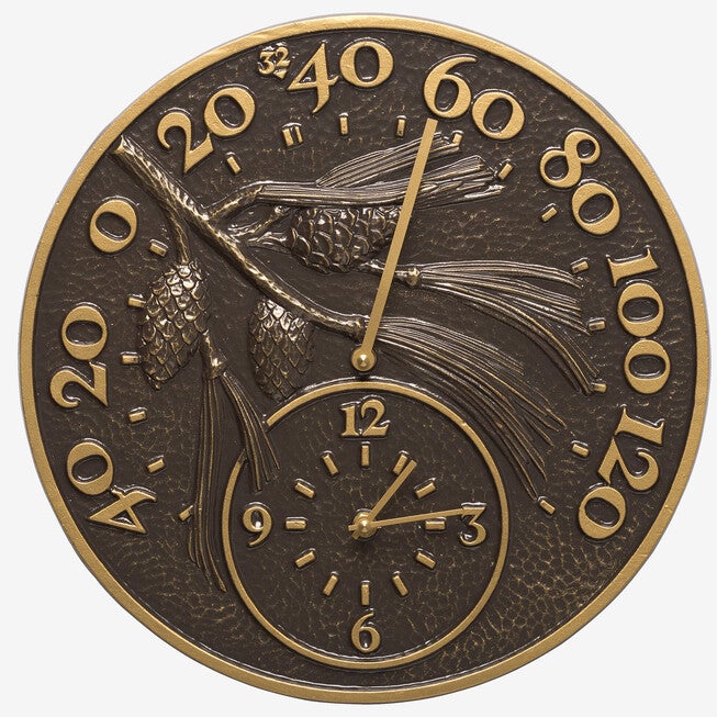 14 inches Pinecone Clock And Thermometer, FRENCH BRONZE, hi-res image number null