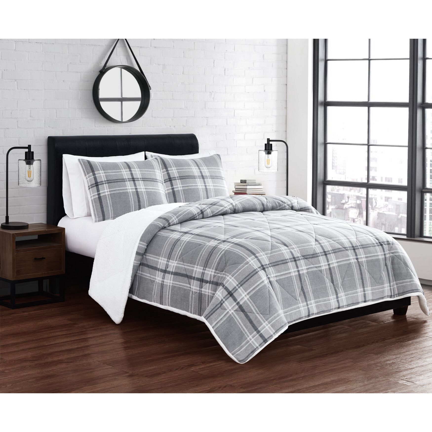 Cozy Teddy Plaid 3 Piece Comforter Set, GREY, hi-res image number 0