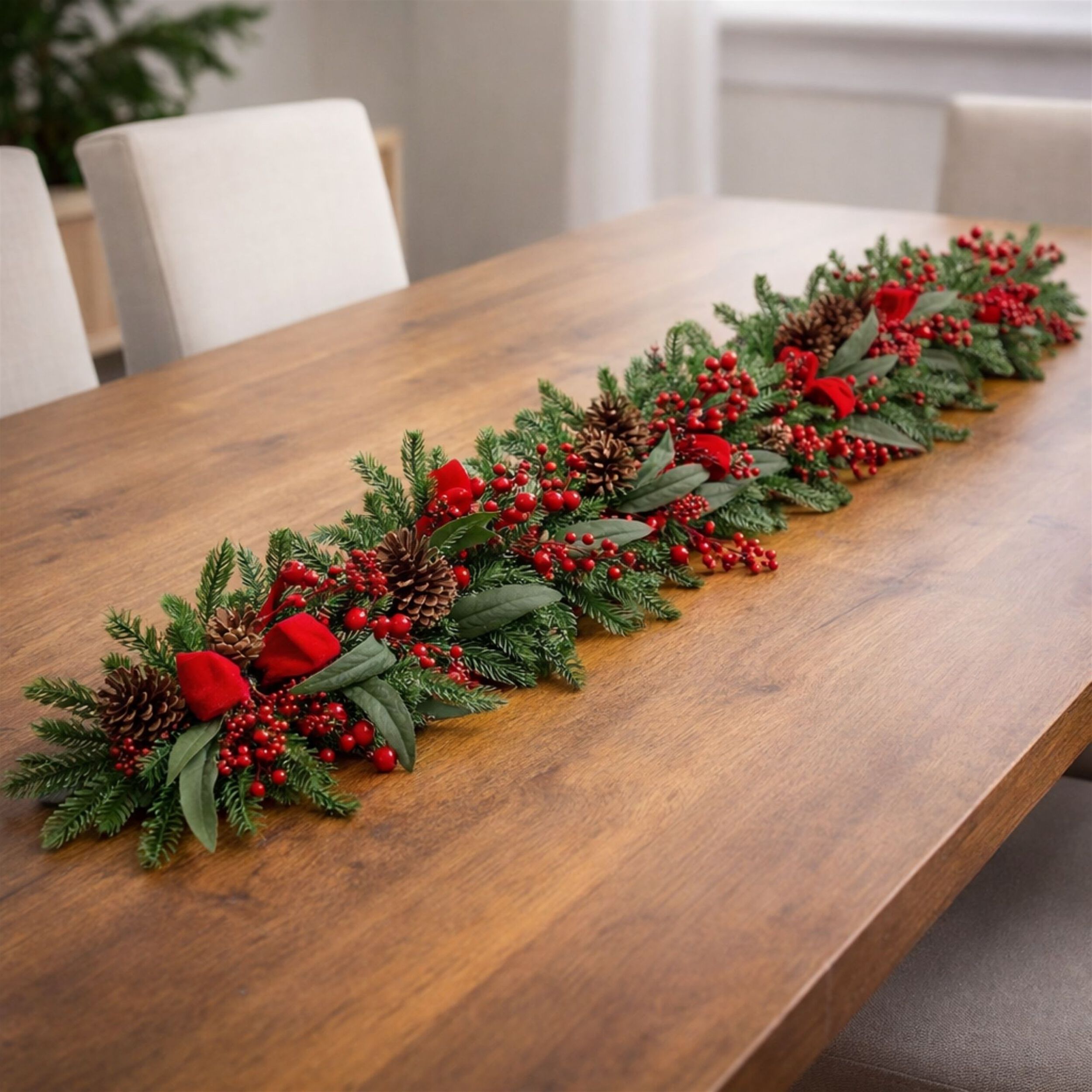 Fresh Touch Pine and Berry Garland with Ribbon 6'L, RED GREEN BROWN, alternate image number 1