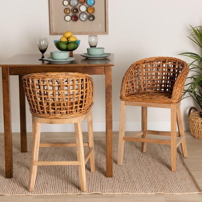 Mario Modern Bohemian Natural Brown Finished Teak Wood And Rattan 2-Piece Counter Stool Set, , alternate image number 6
