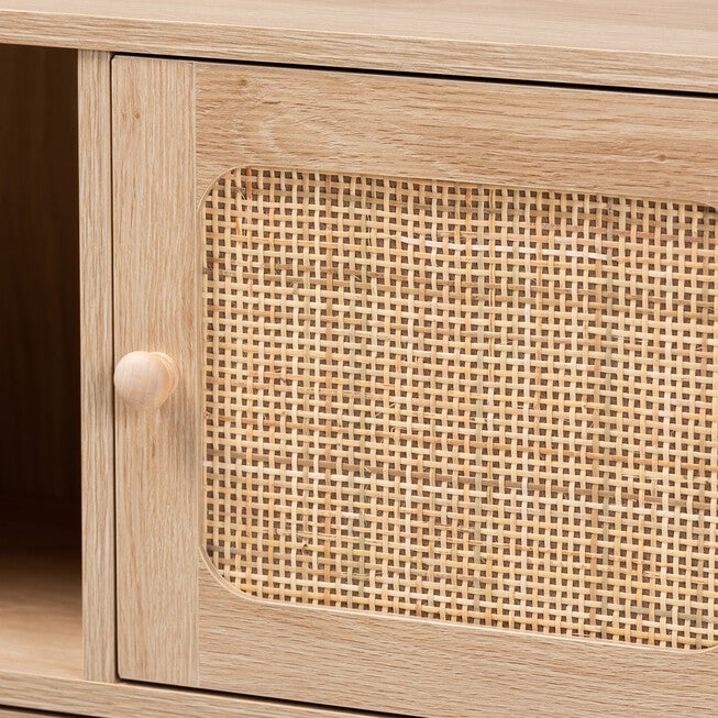 Elsbeth Mid-Century Modern Light Brown Finished Wood And Natural Rattan 3-Door Sideboard, , alternate image number 4
