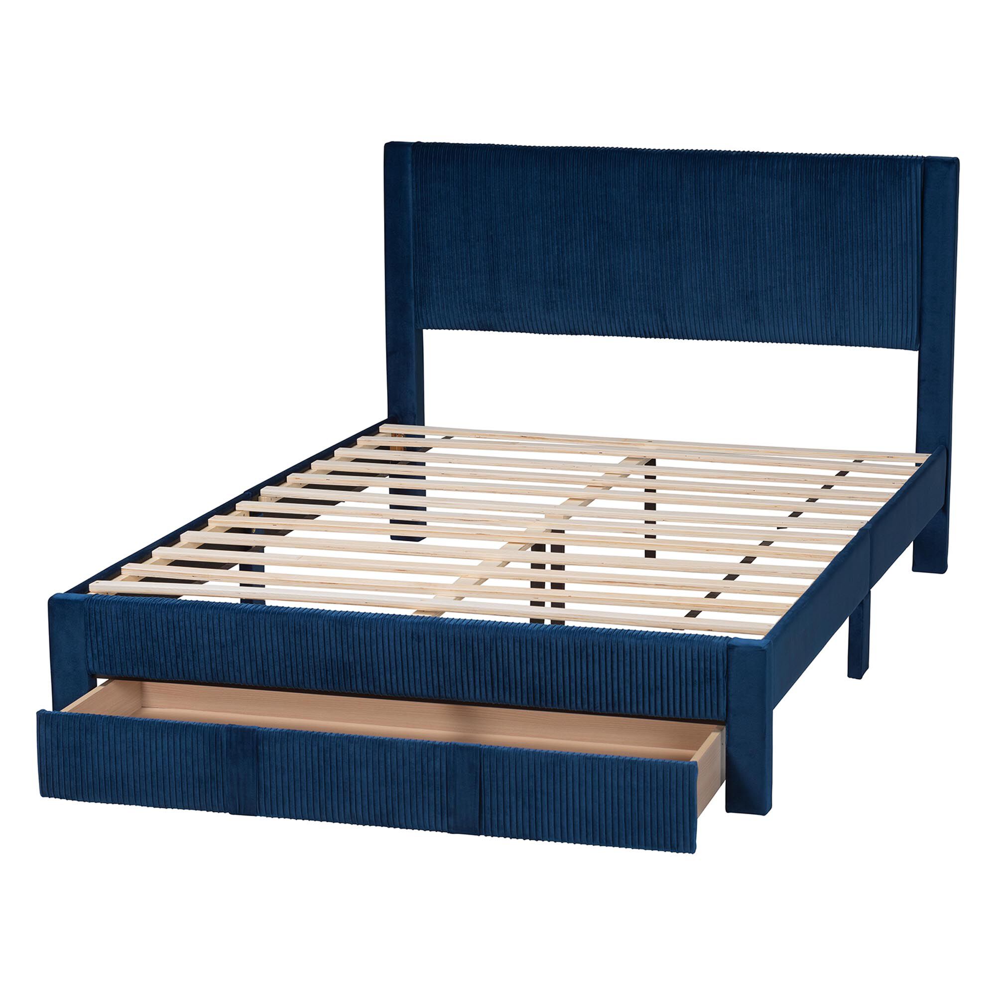 Elora Modern Navy Blue Pleated Velvet Queen Size Storage Bed, NAVY, alternate image number 5