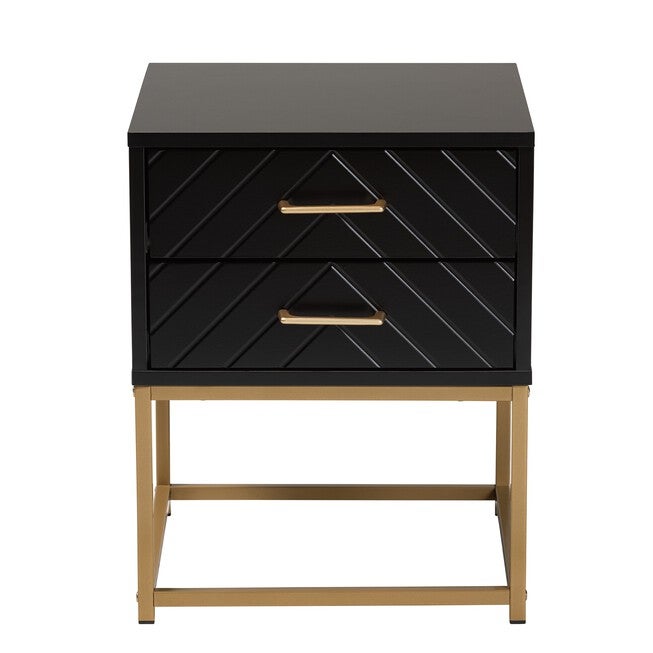 Inaya Contemporary Glam And Luxe Black Finished Wood And Gold Metal 2-Drawer End Table, , alternate image number 2