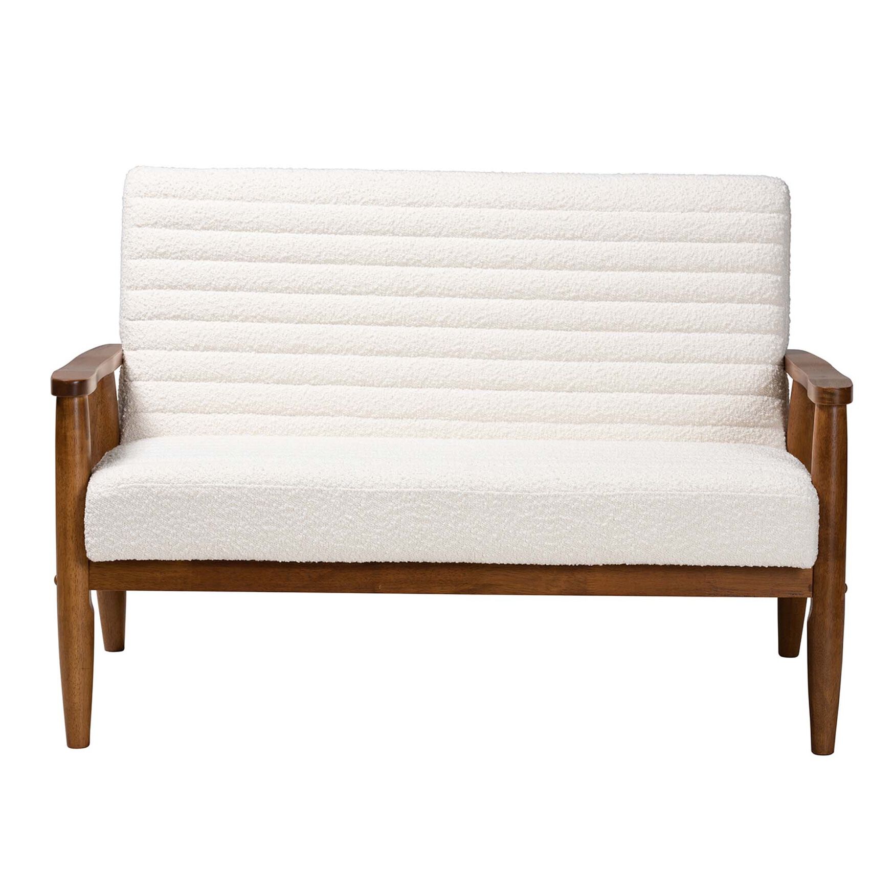 Stratton Mid-Century Modern Cream Boucle Fabric And Walnut Brown Finished Wood Loveseat, , on-hover image number 1