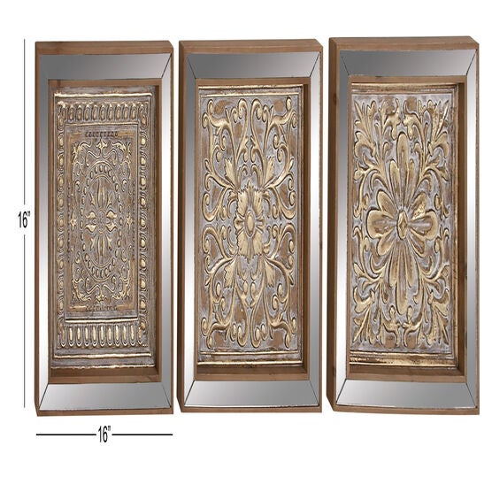 Set Of 3 Brown Metal Glam Floral Wall Décor, , alternate image number null