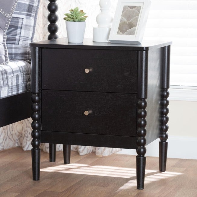 Baxton Studio Lucera Mid-Century Black 2-Drawer Bobbin Nightstand, BLACK, hi-res image number 0