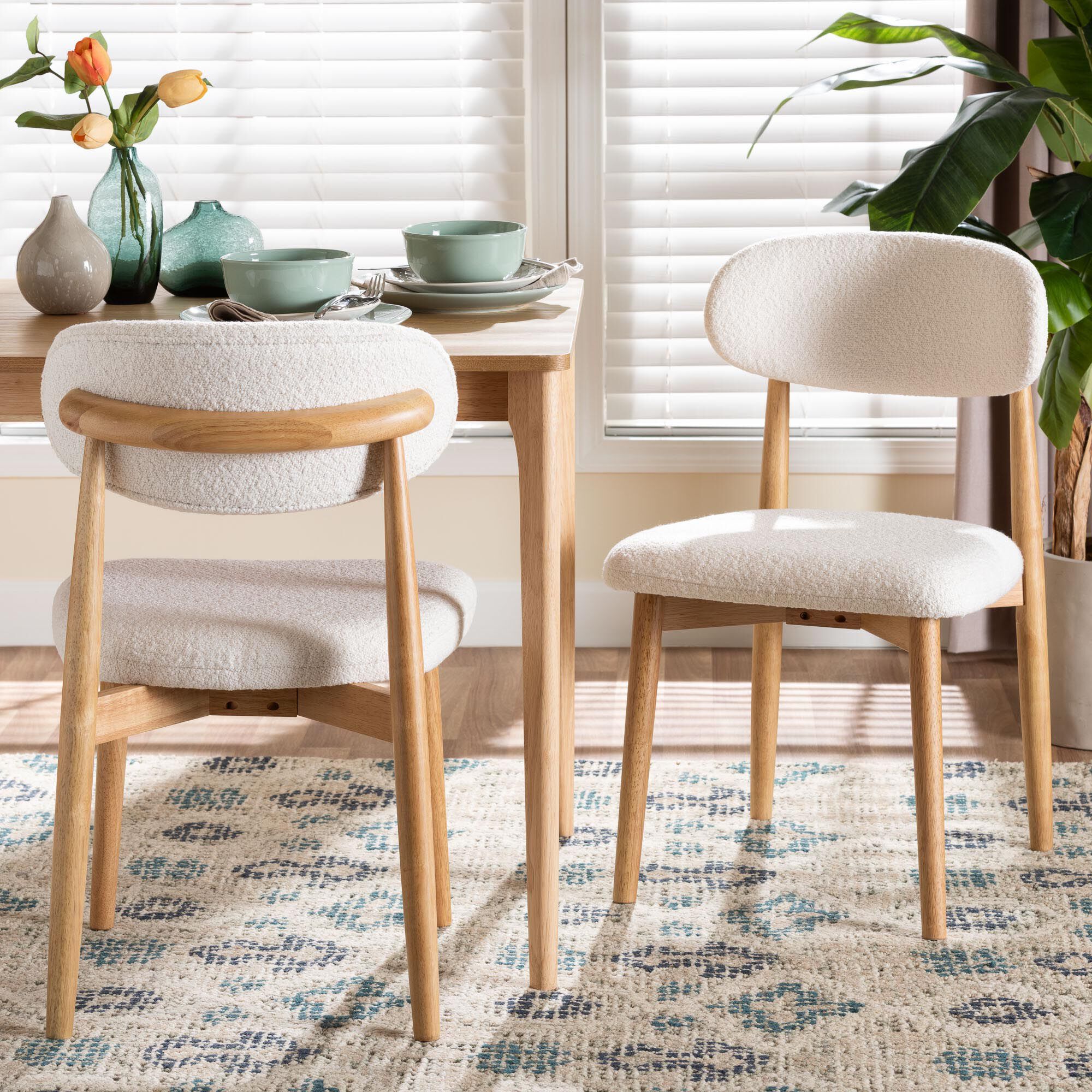 Wattsu Boucle Upholstered Dining Chair Set of 2- Mid-Century Modern Side Chair with Solid Wood Frame and Rounded Backrest, WHITE, hi-res image number 0