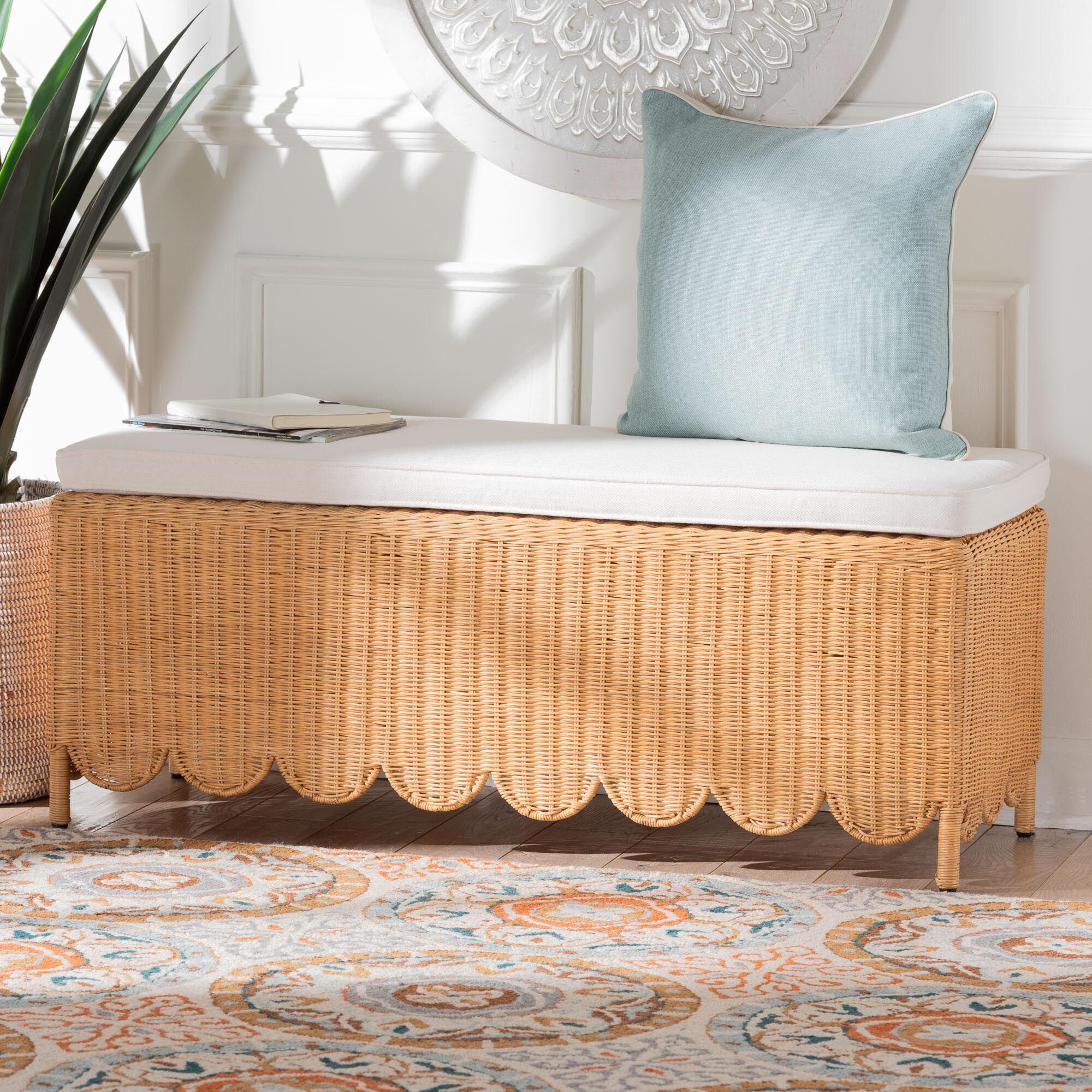 Teresa Bohemian Light Honey Scalloped Rattan Ottoman Bench, HONEY, alternate image number 6