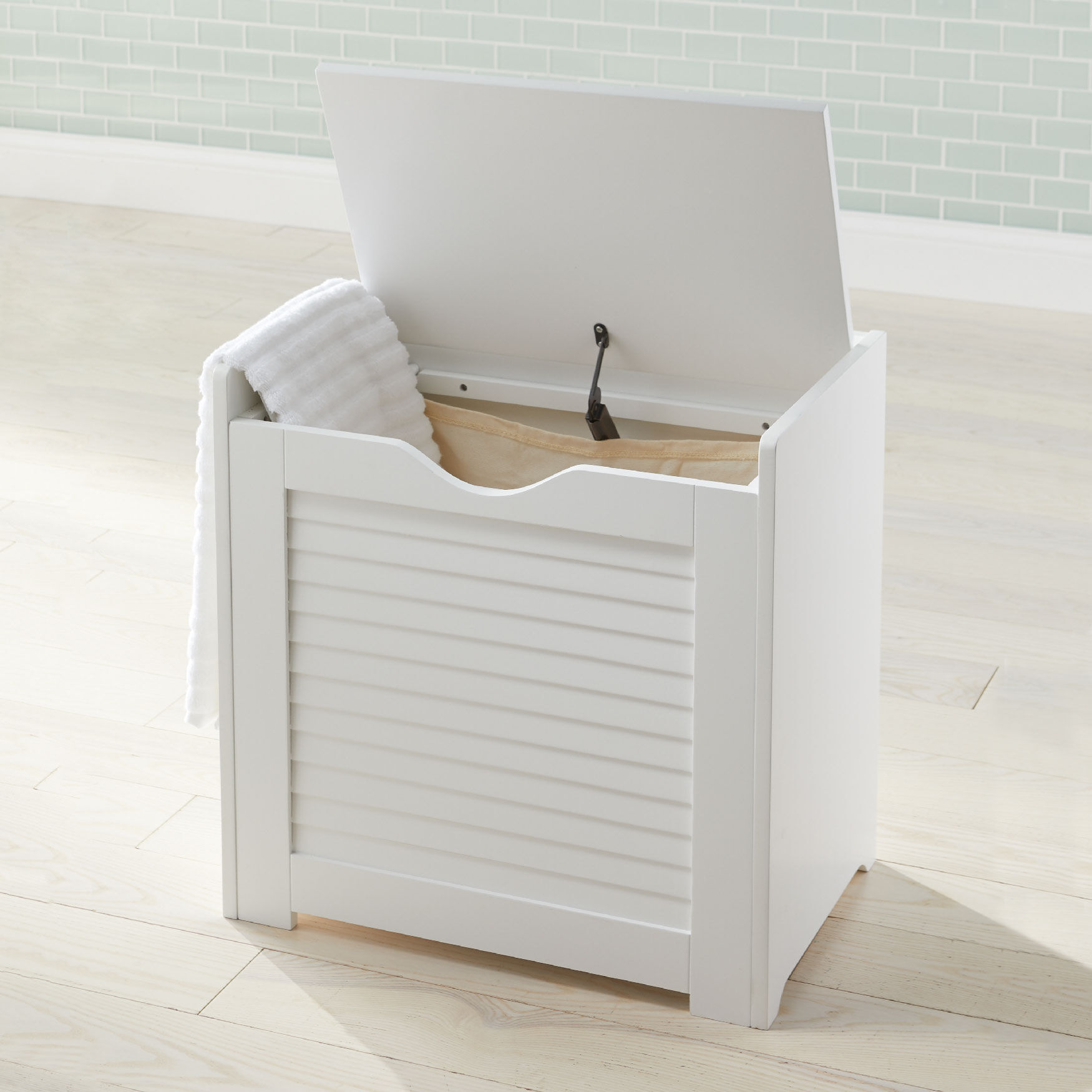 Home Source White Bathroom Storage Ottoman Hamper Wooden Floor Cabinet Lift Up Lid Colonial 