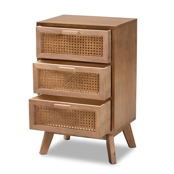 Baden Mid-Century Modern Walnut Brown Finished Wood 3-Drawer Nightstand With Rattan, , on-hover image number null