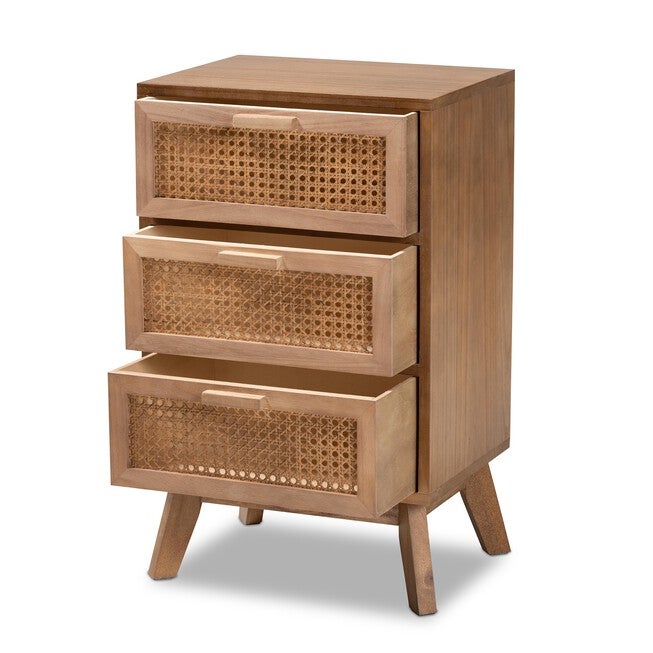 Baden Mid-Century Modern Walnut Brown Finished Wood 3-Drawer Nightstand With Rattan, , on-hover image number 1