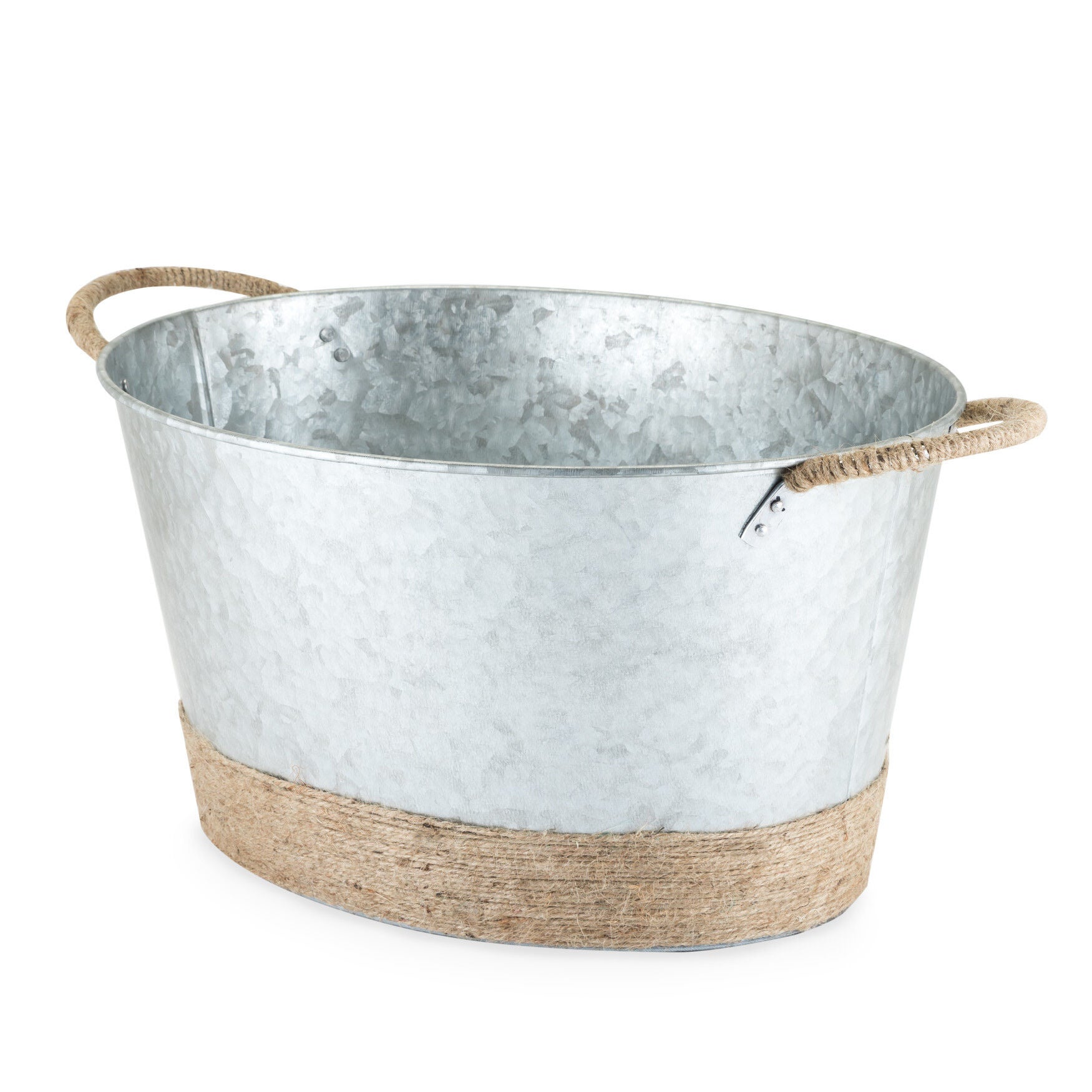 Traditional Jute Rope Wrapped Galvanized Tub, Silver | Brylane Home