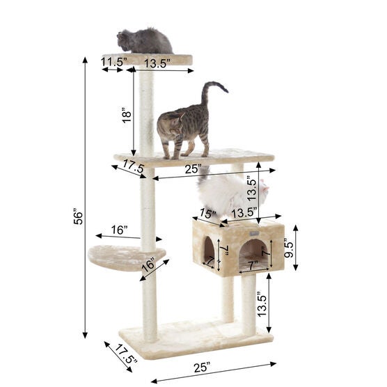 Gleepet 57" Beige Real Wood Cat Tree With Playhouse And Perch, , alternate image number null
