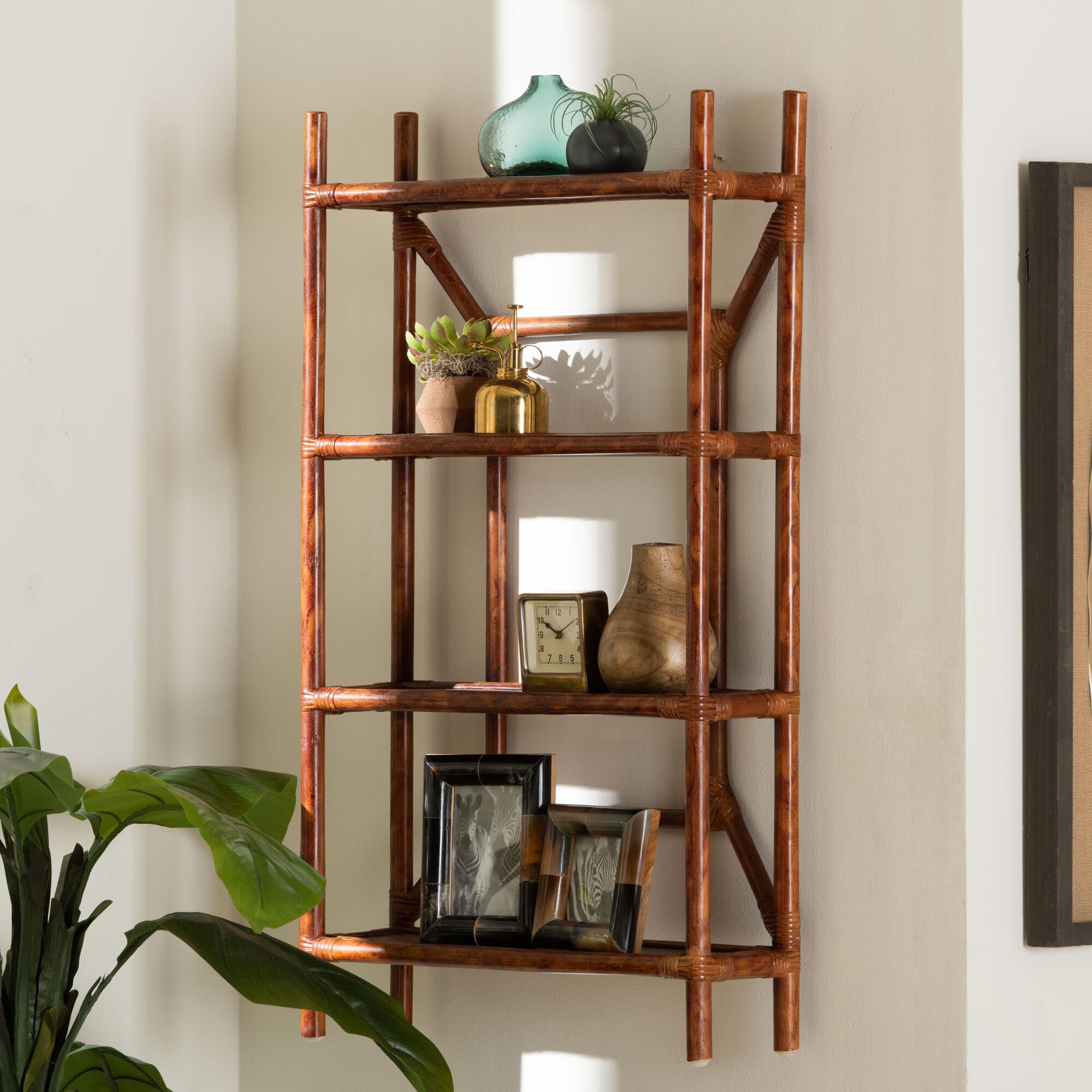 Basile Marbled Tortoise Rattan 4-Tier Wall Display Shelf, BROWN, hi-res image number 0