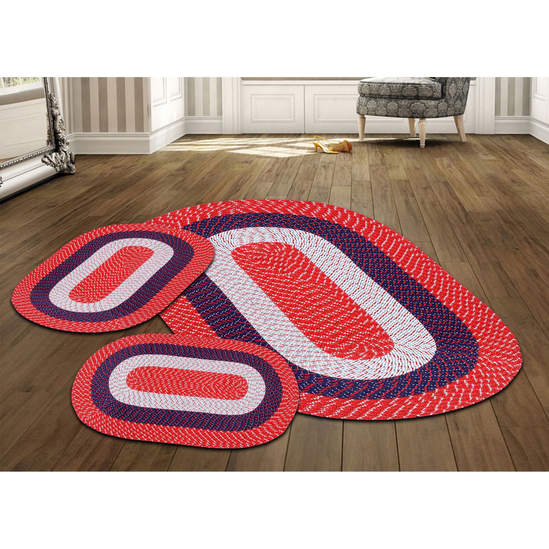 Country Braid Collection 3pc Set Stain Resistant Reversible Indoor Oval Area Rug, AMERICANA STRIPE, hi-res image number 0