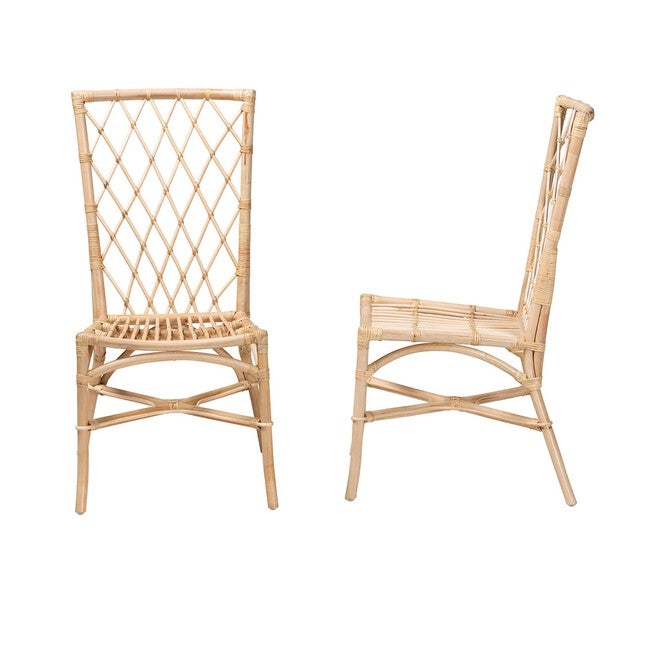 Doria Modern Bohemian Natural Brown Rattan 2-Piece Dining Chair Set, , alternate image number null