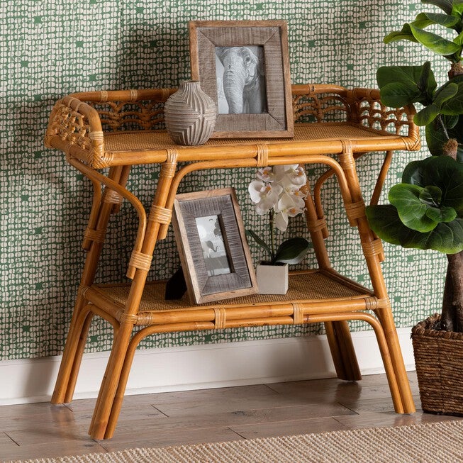 Nayana Modern Bohemian Natural Rattan 2-Tier Console Table, LIGHT HONEY, hi-res image number 0