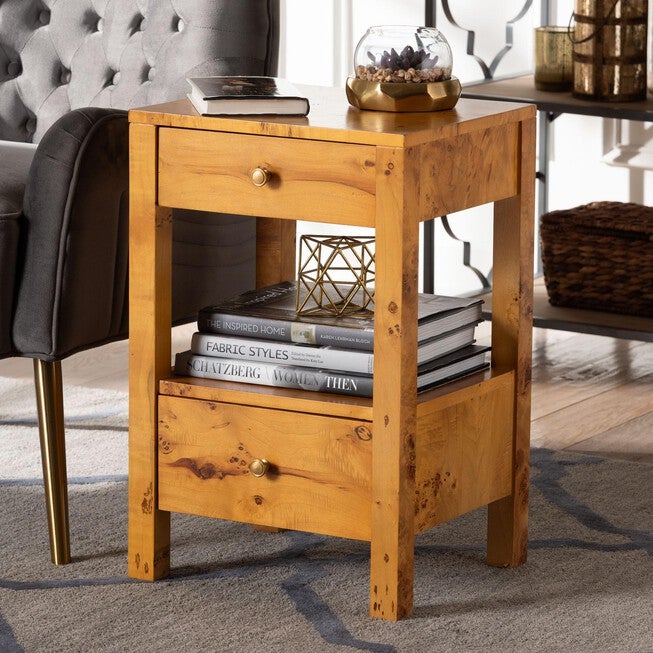 Azmi Modern and Contemporary Natural Light Mappa Real Burl Wood 2-Drawer Nightstand, LIGHT MAPPA BURL, hi-res image number null