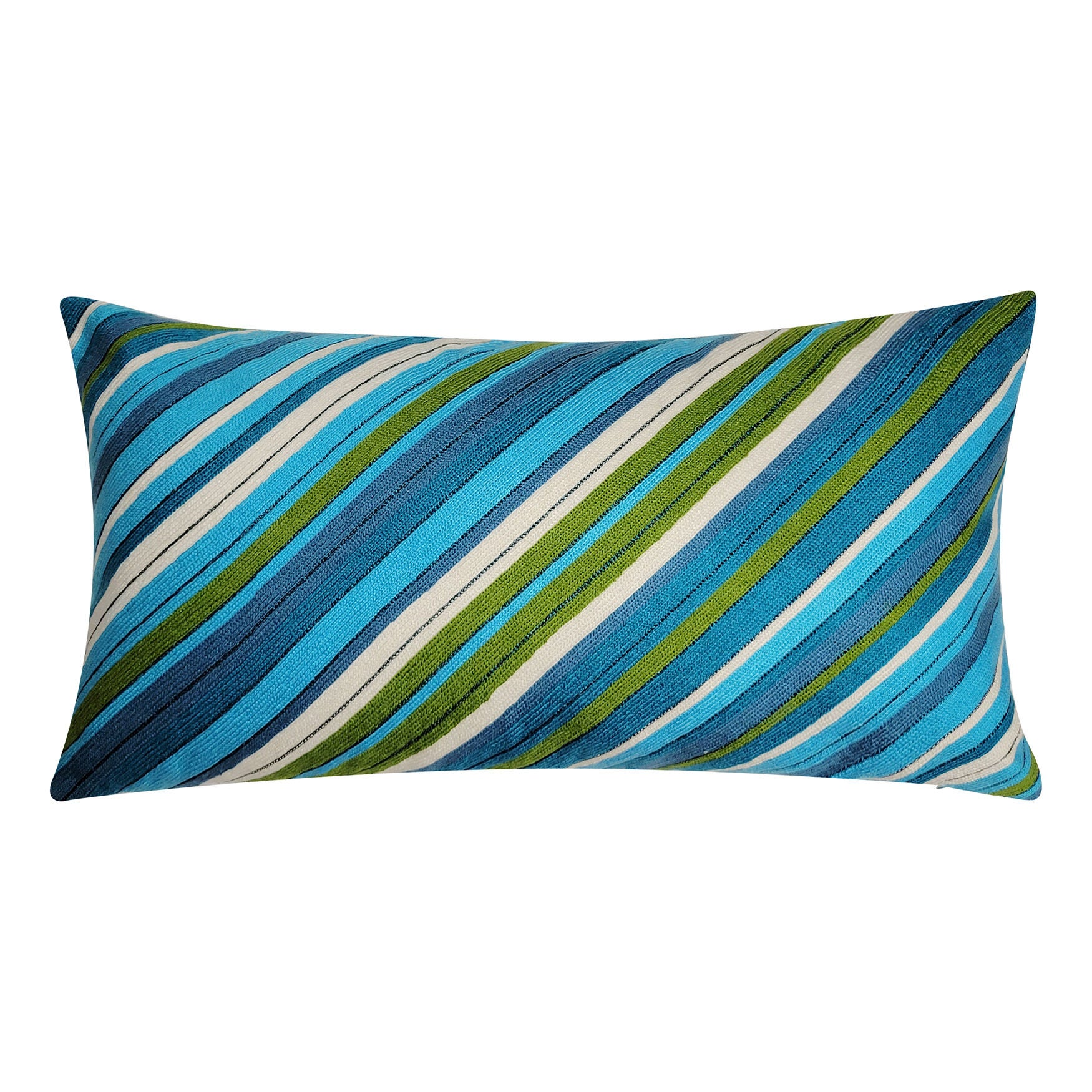 Indoor/Outdoor Ombre Bias Crewel Embroidered Stripe Decorative Throw Pillow 12X24, Aqua Multi, AQUA MULTI, hi-res image number 0