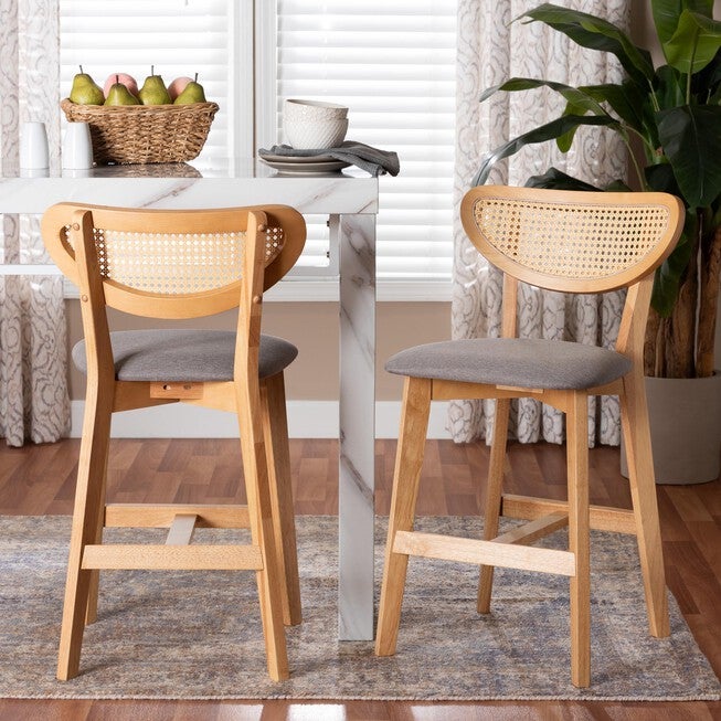 Dannell Mid-Century Modern Grey Fabric and Natural Oak Finished Wood 2-Piece Counter Stool Set, GREY, hi-res image number 0