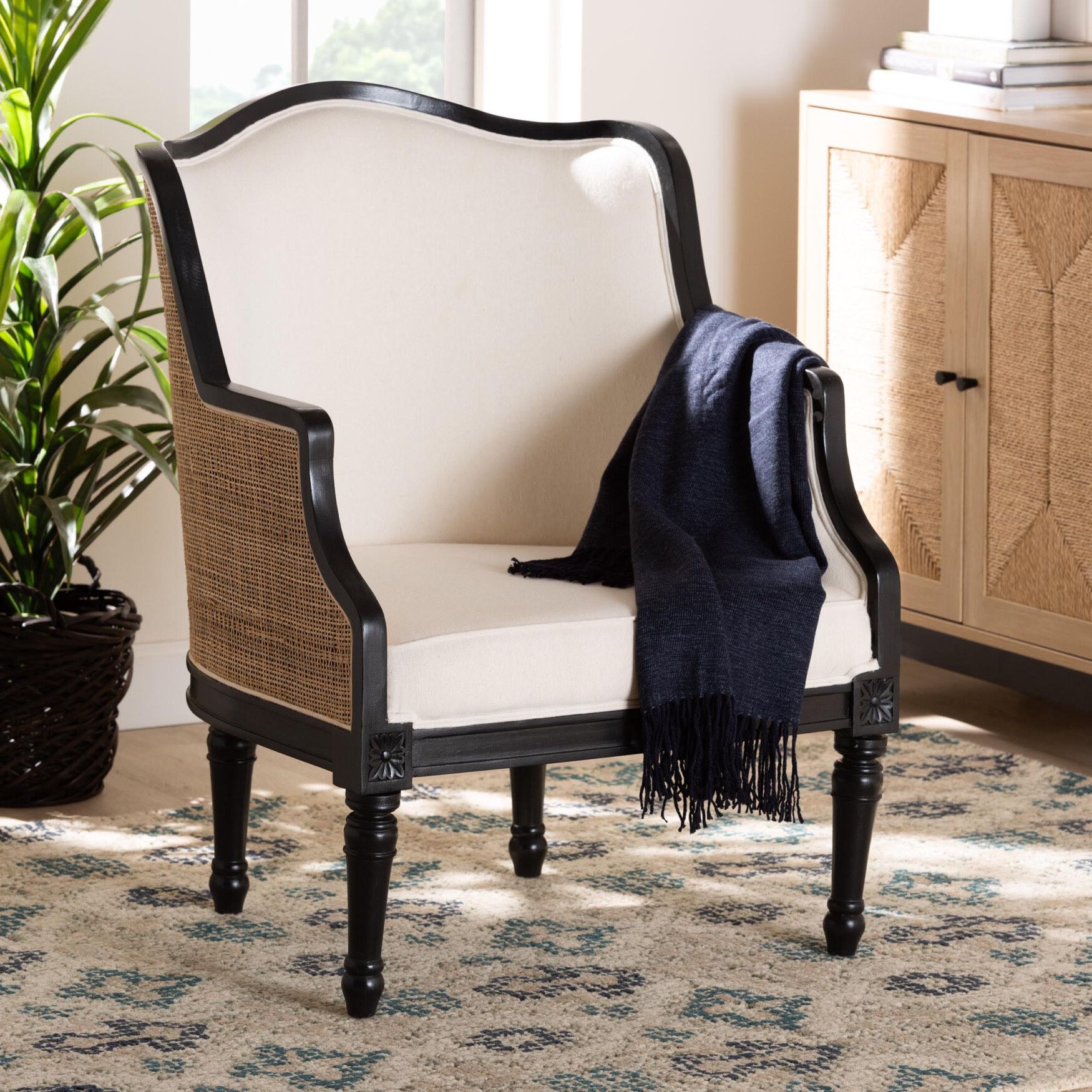 Elizette Traditional French Beige Fabric And Black Finished Wood Accent Chair, , alternate image number 14