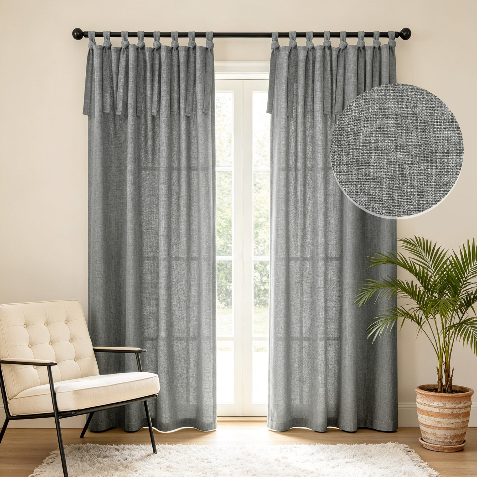Knot Tie Top Light Filtering Panel Pair, GREY, hi-res image number 0