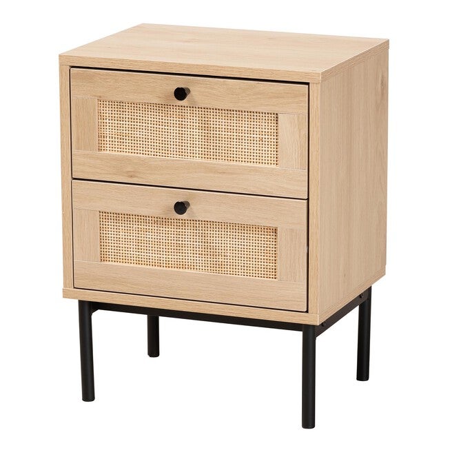 Sherwin Mid-Century Modern Light Brown And Black 2-Drawer End Table With Woven Rattan Accent, LIGHT BROWN BLACK, hi-res image number null