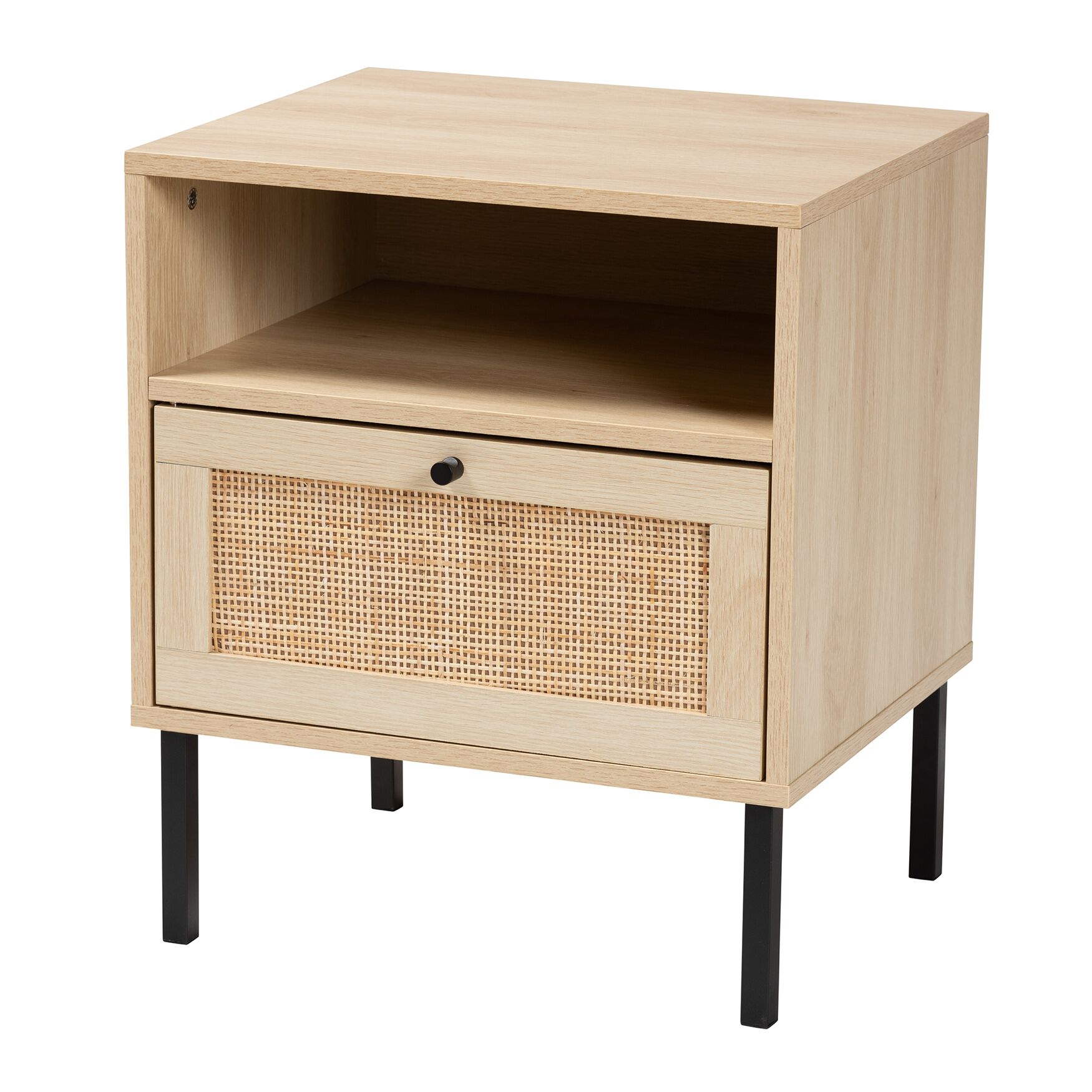 Caterina Mid-Century Modern Transitional Natural Brown Finished Wood And Natural Rattan 1-Door Nightstand