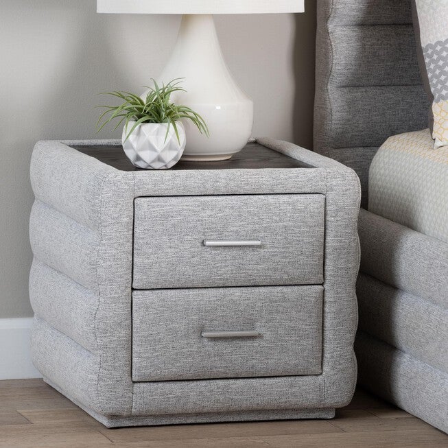 Cadmus Modern Light Grey Channel-Tufted Fabric 2-Drawer Nightstand, LIGHT, hi-res image number null