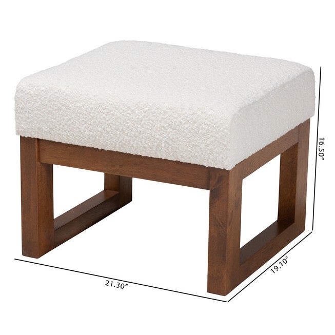 Yashiya Mid-Century Modern Off-White Boucle Upholstered And Walnut Brown Finished Wood Ottoman Footstool, , alternate image number null