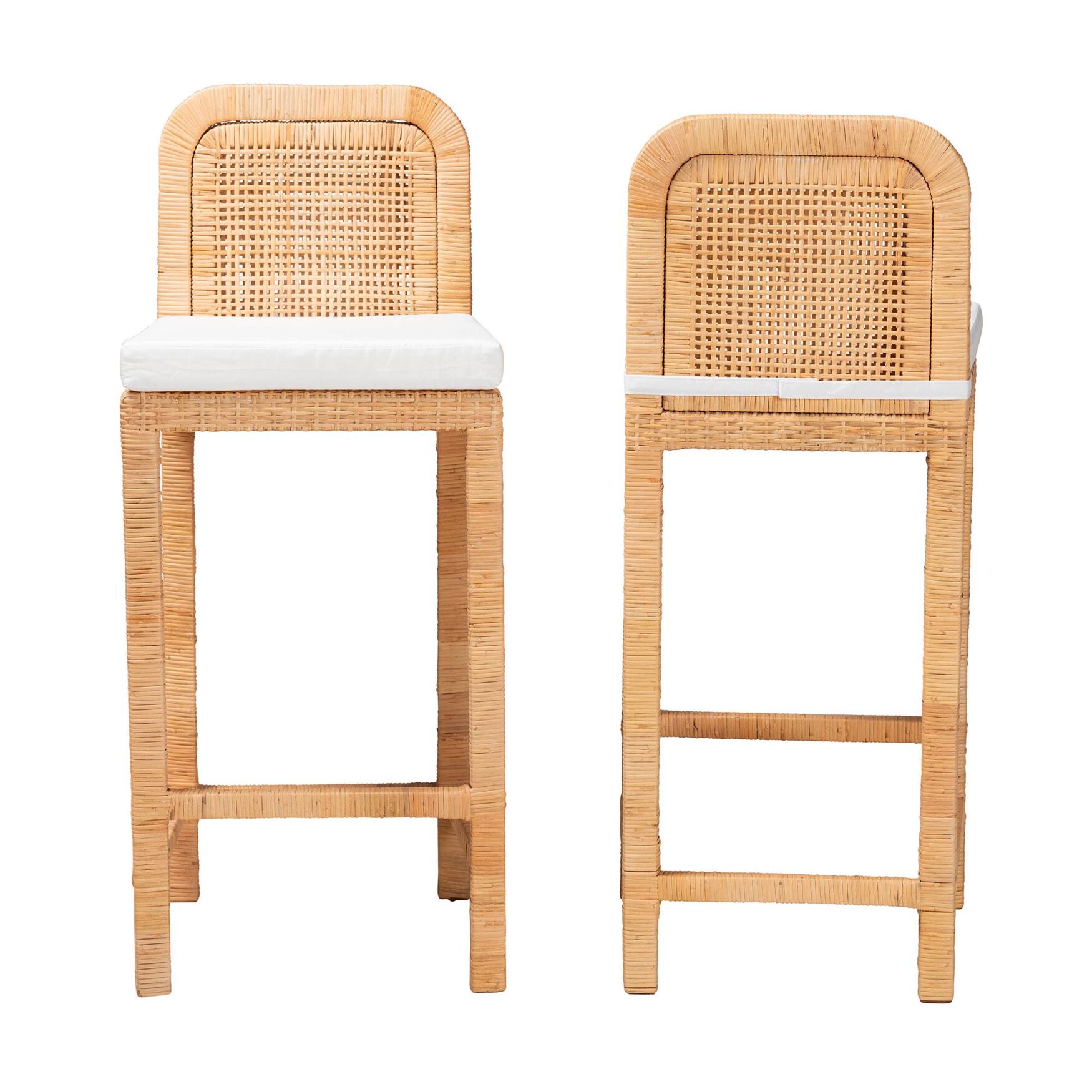 Zariah Modern Bohemian Natural Brown Rattan And Mahogany Wood Bar Stool, , on-hover image number 1