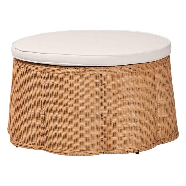 Palm Scallop Natural Rattan Ottoman, 32 inches Round, LIGHT HONEY, alternate image number null