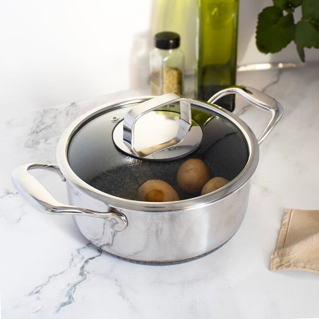 LIVWELL DiamondClad™ 3 Quart Hybrid Nonstick Stainless Steel Stock Pot and Lid, Dishwasher Safe, PFOA-free – Silver/Black, SILVER, alternate image number null