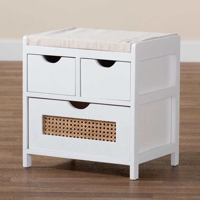 Bastian Modern And Contemporary Light Beige Fabric And White Finished Wood 3-Drawer Storage Bench With Natural Rattan, , alternate image number null